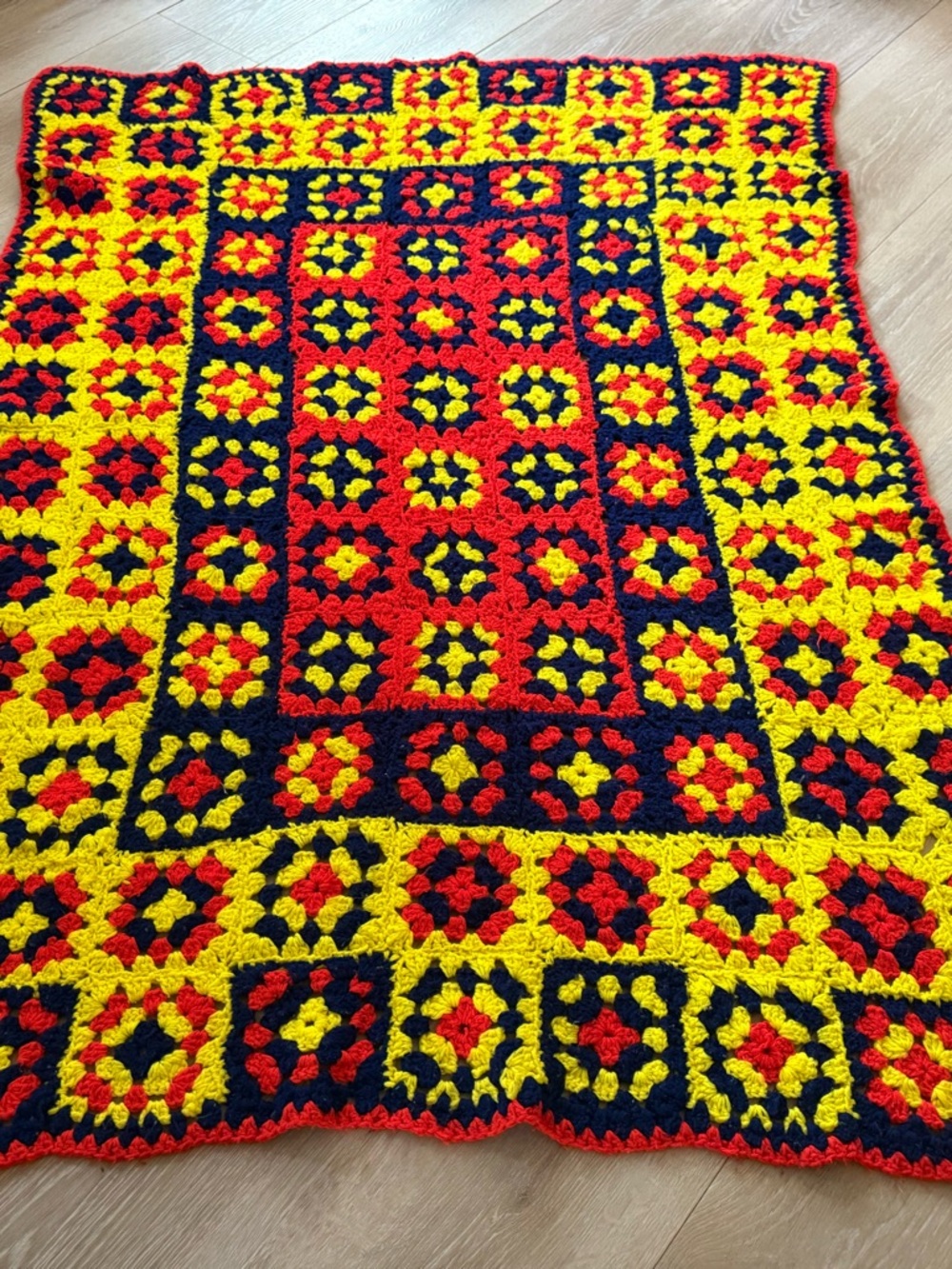 Handmade Crochet Granny Square Throw in Red, Yellow & Black